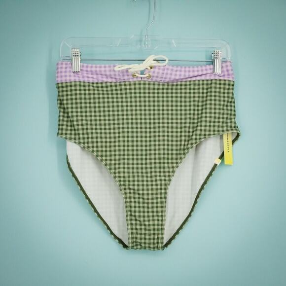 Summersalt Size 12 Green Purple Gingham Lace Up High Rise High Leg Bikini Bottom - Picture 1 of 4